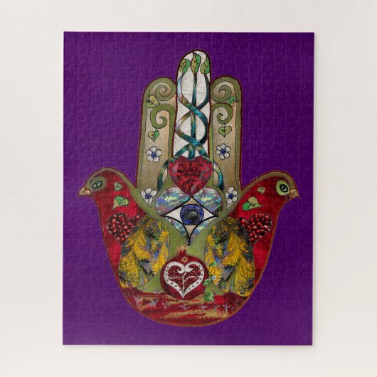 Ruby Pomegranate Heart Red Bird Hamsa Puzzle (Vertikal)