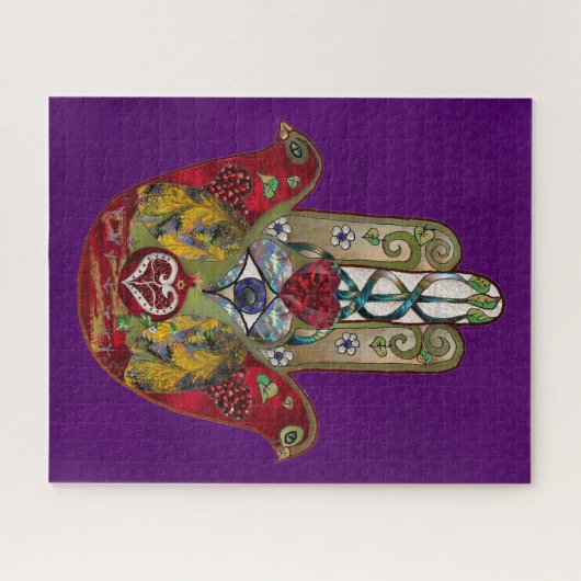 Ruby Pomegranate Heart Red Bird Hamsa Puzzle (Horizontal)
