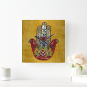 Ruby Pomegranate Heart Red Bird Hamsa Quadratische Wanduhr (Zuhause)