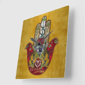 Ruby Pomegranate Heart Red Bird Hamsa Quadratische Wanduhr (Winkel)
