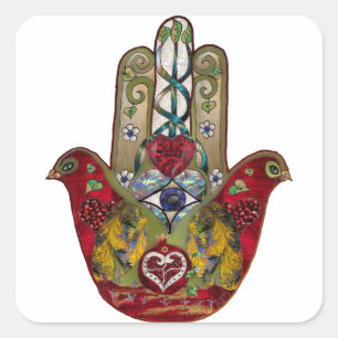 Ruby Pomegranate Heart Red Bird Hamsa Quadratischer Aufkleber