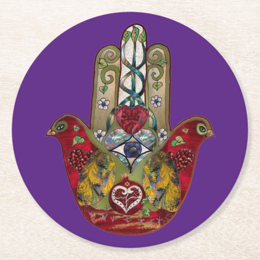 Ruby Pomegranate Heart Red Bird Hamsa Runder Pappuntersetzer (Vorderseite)