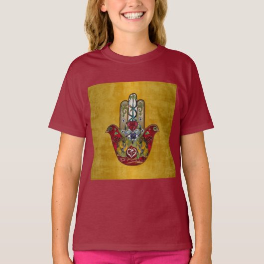 Ruby Pomegranate Heart Red Bird Hamsa T-Shirt (Vorderseite)