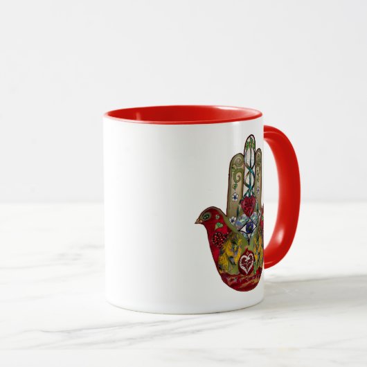 Ruby Pomegranate Heart Red Bird Hamsa Tasse (VorderseiteRechts)