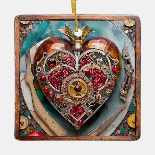 Ruby Pomegranate Heart Steampunk Serie Keramikornament (Vorderseite)