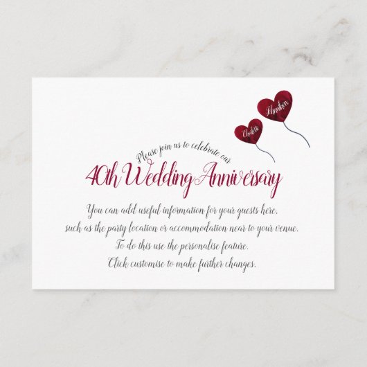 Ruby Red 40. Hochzeitstag Heißluftballon Begleitkarte (Rückseite)