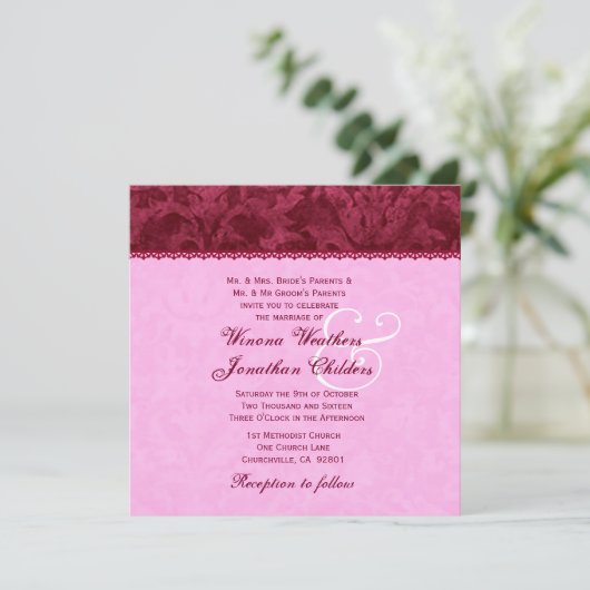 Ruby Red and Pink Damask Wedding Template V16 Einladung (Stehend Vorderseite)