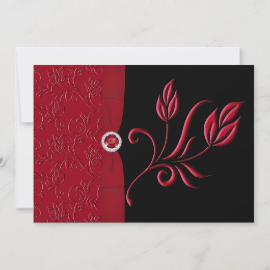 Ruby Red, Black Floral Wedding Einladung (Vorderseite)