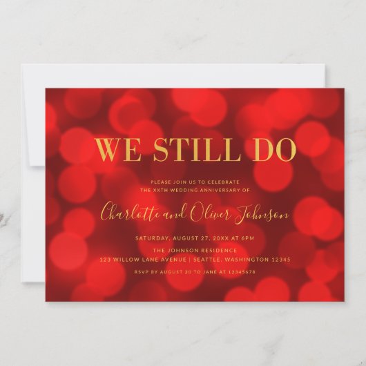 Ruby Red Bokeh Lights Gold Wedding Jubiläum Einladung (Vorderseite)