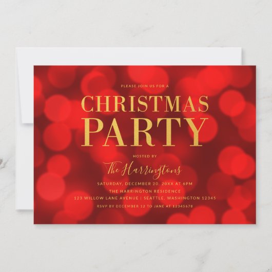 Ruby Red Bokeh Lights Imitats Gold Party Einladung (Vorderseite)