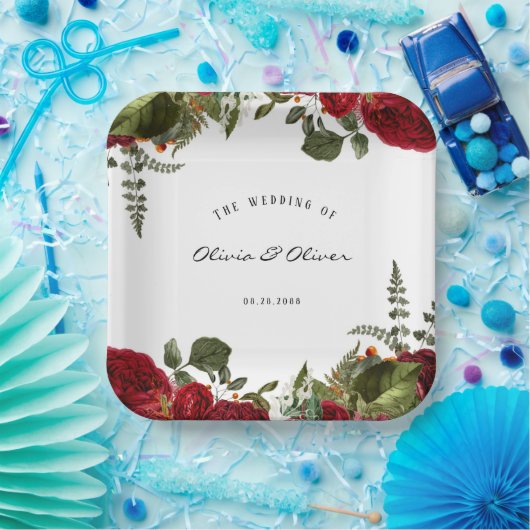 Ruby Red Botanical Peonies Wedding Pappteller (Party)