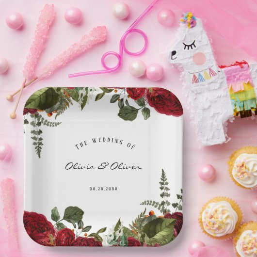 Ruby Red Botanical Peonies Wedding Pappteller (Party)