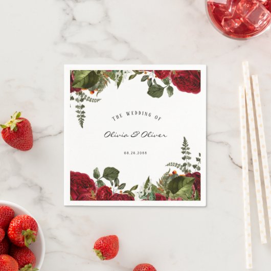Ruby Red Botanical Peonies Wedding Serviette (Beispiel)