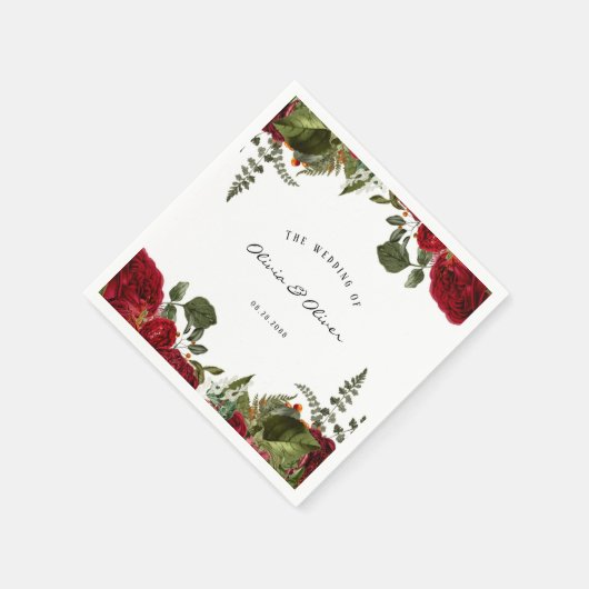 Ruby Red Botanical Peonies Wedding Serviette (Ecke)