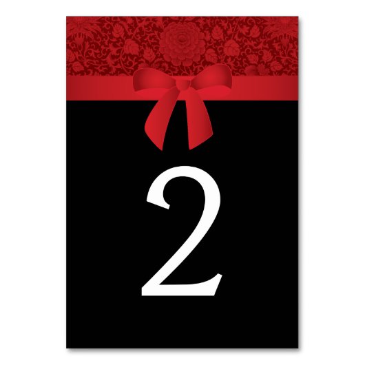 Ruby Red Brocade Satin Bow Wedding Tischnummer (Vorderseite)