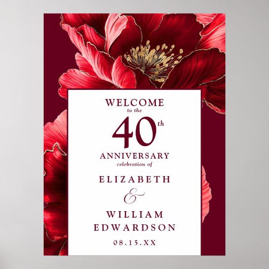Ruby Red Floral 40 Jahre Willkommenszeichen Poster (Vorne)