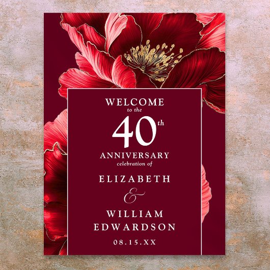 Ruby Red Floral 40 Jahre Willkommenszeichen Poster
