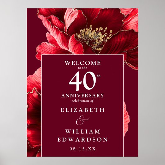 Ruby Red Floral 40 Jahre Willkommenszeichen Poster (Vorne)