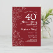Ruby Red Floral 40. Jubiläum Einladung (Stehend Vorderseite)