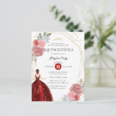 Ruby Red Floral Geometric Quinceañera Einladung Postkarte (Stehend Vorderseite)