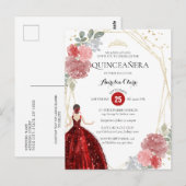 Ruby Red Floral Geometric Quinceañera Einladung Postkarte (Vorne/Hinten)