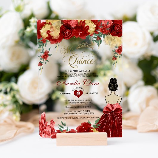 Ruby Red Floral Princess Mis Quince Quinceañera Acryleinladungen
