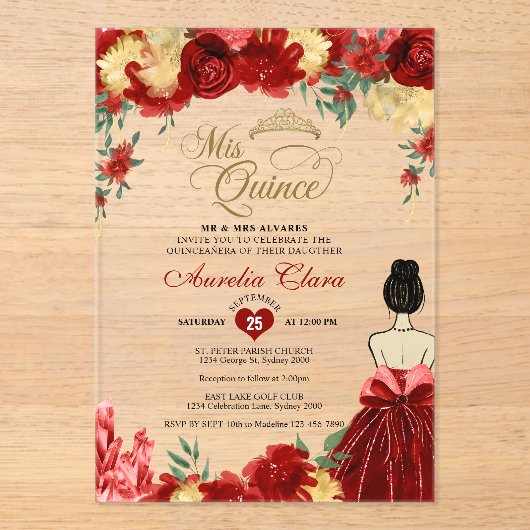 Ruby Red Floral Princess Mis Quince Quinceañera Acryleinladungen (Vorderseite)