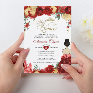Ruby Red Floral Princess Mis Quince Quinceañera Einladung