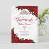 Ruby Red Floral Rose & Gold Elegante Quinceñera Einladung (Stehend Vorderseite)