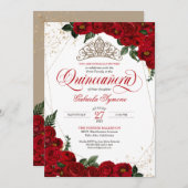 Ruby Red Floral Rose & Gold Elegante Quinceñera Einladung (Vorne/Hinten)