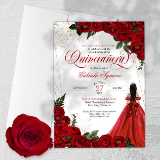 Ruby Red Floral Rose & Gold Elegante Quinceñera Einladung