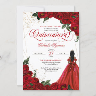 Ruby Red Floral Rose & Gold Elegante Quinceñera Einladung