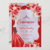 Ruby Red Floral Watercolor Quinceanera Einladung (Vorne/Hinten)