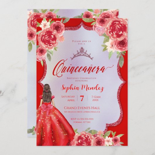 Ruby Red Floral Watercolor Quinceanera Einladung (Vorne/Hinten)