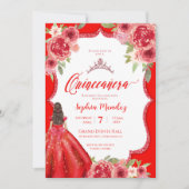 Ruby Red Floral Watercolor Quinceanera Einladung (Vorderseite)