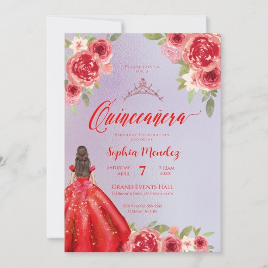 Ruby Red Floral Watercolor Quinceanera Einladung (Vorderseite)