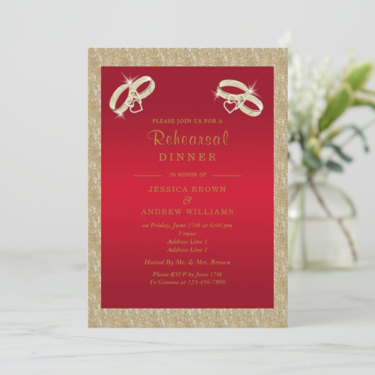 Ruby Red, Funkelnd Gold Rings Probe Dinner Einladung (Stehend Vorderseite)