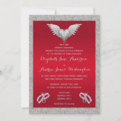 Ruby Red, Funkelnd Rings & Feather Heart Wedding Einladung (Vorderseite)