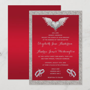 Ruby Red, Funkelnd Rings & Feather Heart Wedding Einladung