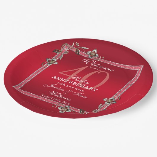 Ruby Red Gems & Glitzer Ruby 40TH Wedding Pappteller (Schrägansicht)