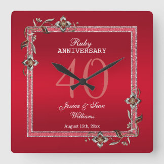 Ruby Red Gems & Glitzer Ruby 40TH Wedding Quadratische Wanduhr