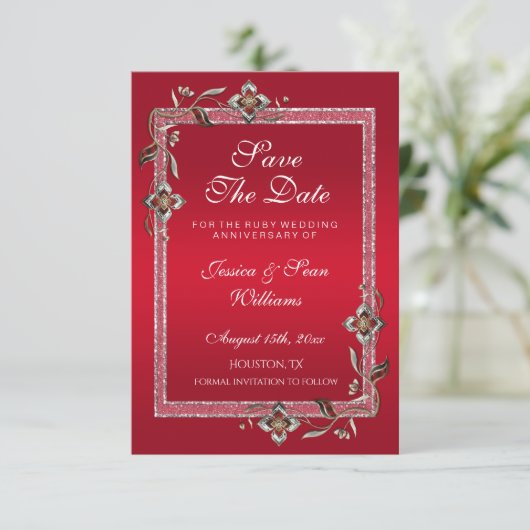 Ruby Red Gems & Glitzer Ruby 40TH Wedding Save The Date (Stehend Vorderseite)
