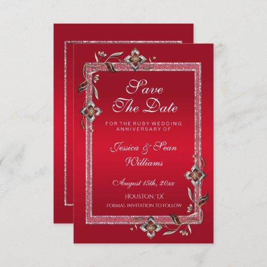 Ruby Red Gems & Glitzer Ruby 40TH Wedding Save The Date (Vorne/Hinten)