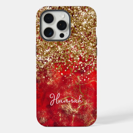 Ruby Red Glittery Gold Glam Personalisiert iPhone Hülle (Rückseite)
