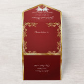 Ruby Red, Gold Blätter, Doves & Heart All In One Einladung (Außenbereich)