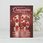 Ruby Red Gold Gemstone Princess Crown Quinceañera Einladung (Stehend Vorderseite)