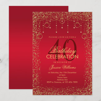 Ruby Red & Gold Glitzer Dekoration Geburtstag Einladung