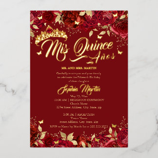 Ruby Red Gold Rose Mis Quince Quinceanera Folieneinladung