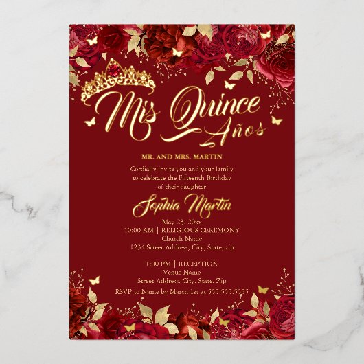 Ruby Red Gold Rose Mis Quince Quinceanera Folieneinladung (Vorderseite)
