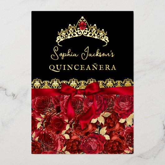 Ruby Red Gold Rose Quinceanera Folieneinladung (Vorderseite)
